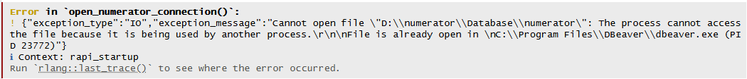 An R error stating that the Numerator DuckDB file cannot be opened because it is already being used by DBeaver.